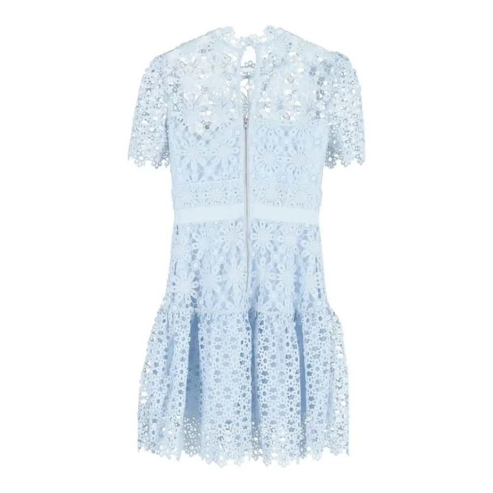Self-Portrait Short Sleeve Mini Dress in Light Blue Polyester Lace - Picture 3 of 4